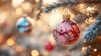A red and white decoration on a Christmas tree