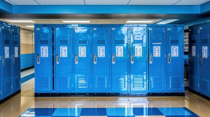 Fototapeta premium Americanstyle blue school lockers for students in a traditional educational setting. Concept School Lockers, American Style, Blue Color, Traditional Setting, Students 