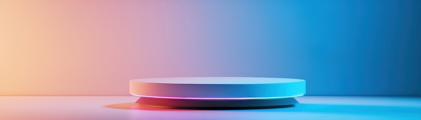 Obraz premium A minimalist display podium illuminated with vibrant blue and orange lighting, perfect for showcasing products or artistic creations.