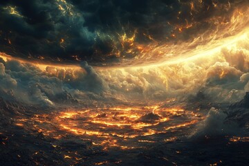 Naklejka premium Dramatic Cosmic Storm Engulfs Mystical Battleground with Fiery Celestial Energies