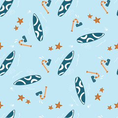 Surfing seamless pattern. Summer time, vacation background. Surfboard, snorkel and diving mask. Fun design for t-shirt, fashion fabrics, textile graphics, print.