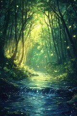 Enchanting Woodland Pathway with Shimmering Stream and Vibrant Foliage