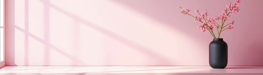 A minimalist interior scene featuring a black vase with delicate pink flowers against a soft pink wall, creating a serene atmosphere.