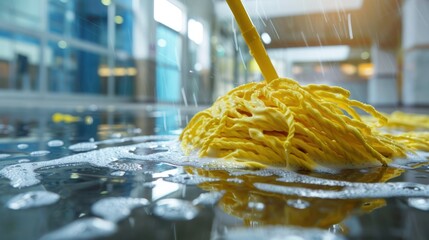 Low angle view of yellow mop cleaning soapy wet floor indoors. Concept Cleaning, Mop, Yellow, Wet Floor, Indoor