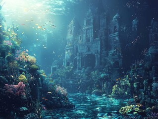 Ethereal Underwater City with Coral Reef and Aquatic Life