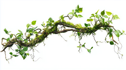 Twisted wild liana messy jungle vines plant with moss, lichen and wild climbing orchid leaves isolated on white background isolated on white background,. Created using Generative AI Technology
