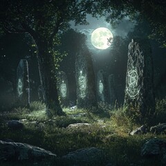 Mystical Forest Clearing Bathed in Otherworldly Moonlight and Starlight