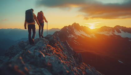 sunrise over the mountains, two men are walking toward the top of the mountain 