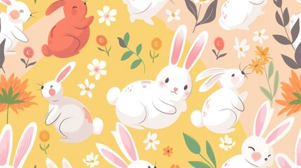 Obraz premium Colorful cartoon bunnies playing together, Easter and spring-themed background.