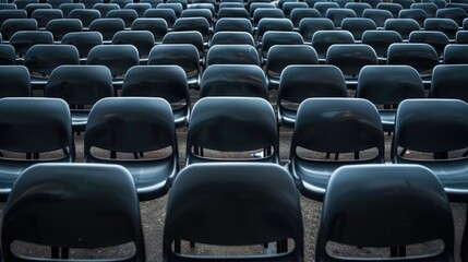 Obraz premium Empty black tribune seats in an outdoor sports stadium. Symmetrical view of a sports stadium with a focus on color and modern design. Sports and audience concept.