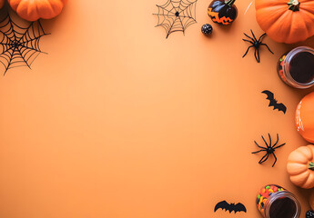 Halloween background featuring pumpkins, bats, and a variety of insects like ladybugs, beetles, and butterflies in an autumn-themed, cartoon-style design