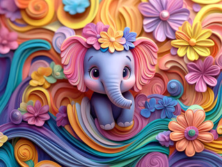 Whimsical 3D Claymation Elephant Surrounded by Vibrant Pastel Waves and Flowers | HD Animation Art