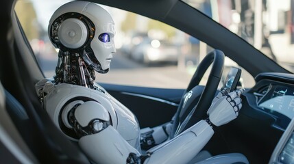Futuristic Robot Driving Autonomous Car in Urban Environment with Advanced AI Technology
