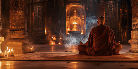 A serene monk meditating in a candle-lit temple, surrounded by ancient sculptures, creating a tranquil and spiritual atmosphere.
