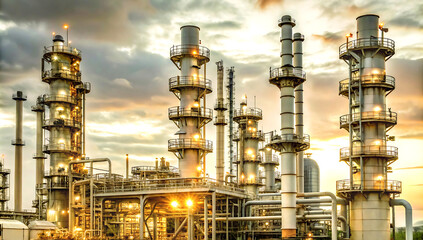A large oil refinery or chemical plant includes multiple tall, cylindrical towers and interconnected pipes, with a complex network of metal structures and platforms