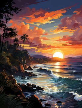 Landscape Painting Art. Wall Art. Beautiful illustration of a calm harbor with sunrise and sunset, with cliffs and castles. AI Generated