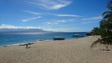 white sand beach with palm trees, sea and boats