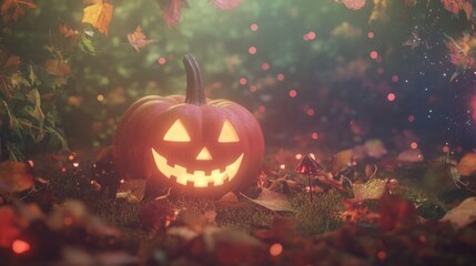 Glowing jack-o-lantern in autumn forest with falling leaves and warm, mystical atmosphere.