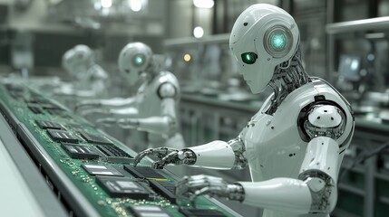 Fototapeta premium Futuristic Robots Working on Assembly Line in High-Tech Factory with Advanced Technology and Precision Engineering