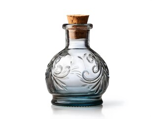 A vintage glass apothecary bottle with a cork, isolated on a white background