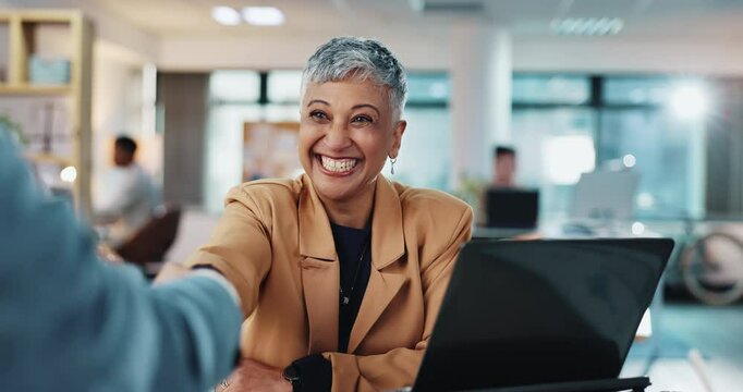 Business people, handshake and woman in office, job interview and greeting with thank you. Employee, candidate or human resources with new position, gesture or success with cooperation or recruitment