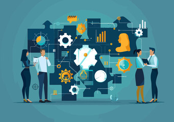 Team of Business Professionals Collaborating on Project Planning with Graphs and Gears - Teamwork in Business Environment Vector Illustration