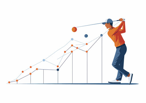Business Manager Playing Golf Boosting Sales Concept, Minimalistic Vector Illustration of Rising Chart, Motivational Business Growth Success
