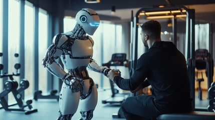 Futuristic Robot and Man Shaking Hands in Modern Gym Setting with Advanced Fitness Equipment