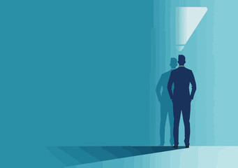 Obraz premium Businessman Reflecting on Success and Achievement, Contemplating Victory, Inspirational Concept Minimalistic Vector, Blue Background, Motivational Leadership, Professional Growth