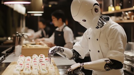 Futuristic Robot Chef Preparing Sushi in a Modern Restaurant Kitchen with Human Chef in Background