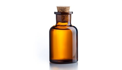 An amber-colored glass medicine bottle with a cork stopper, isolated on white
