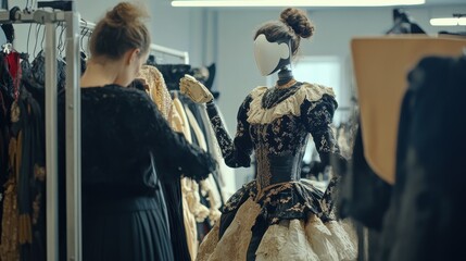 Seamstress Adjusting Vintage Dress on Mannequin in Fashion Studio with Various Garments in Background