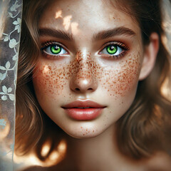 A portrait of a young woman with striking green eyes and delicate freckles across her nose and cheeks