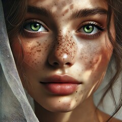 A portrait of a young woman with striking green eyes and delicate freckles across her nose and cheeks