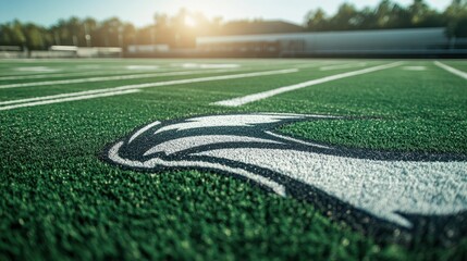 Close-Up of Football Field with Team Logo and Sunlight in the Background