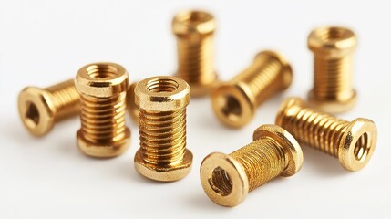Golden screws on white closeup