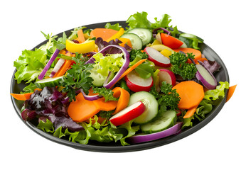 Colorful mixed vegetable salad in a large black bowl. Isolated on a transparent background.