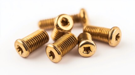 Golden screws closeup on white