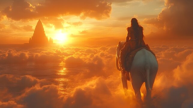 Indra the Hindu Deity Riding Majestic Celestial Elephant Amidst Dramatic Sunset Clouds