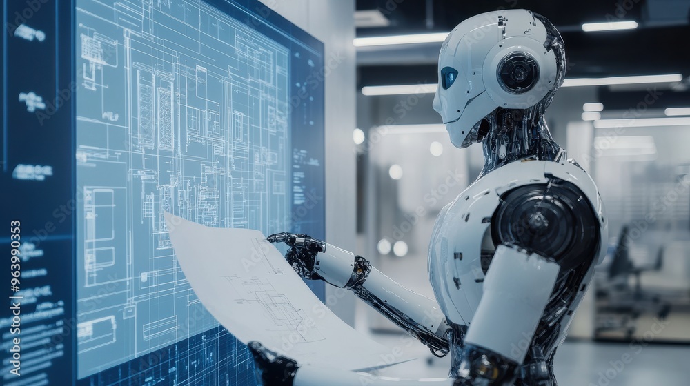 Poster futuristic robot analyzing blueprints in a modern high-tech laboratory setting