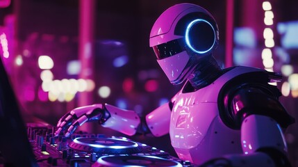 Fototapeta premium Futuristic Robot DJ Mixing Music at a Neon-Lit Nightclub with Vibrant Lights and High-Tech Equipment