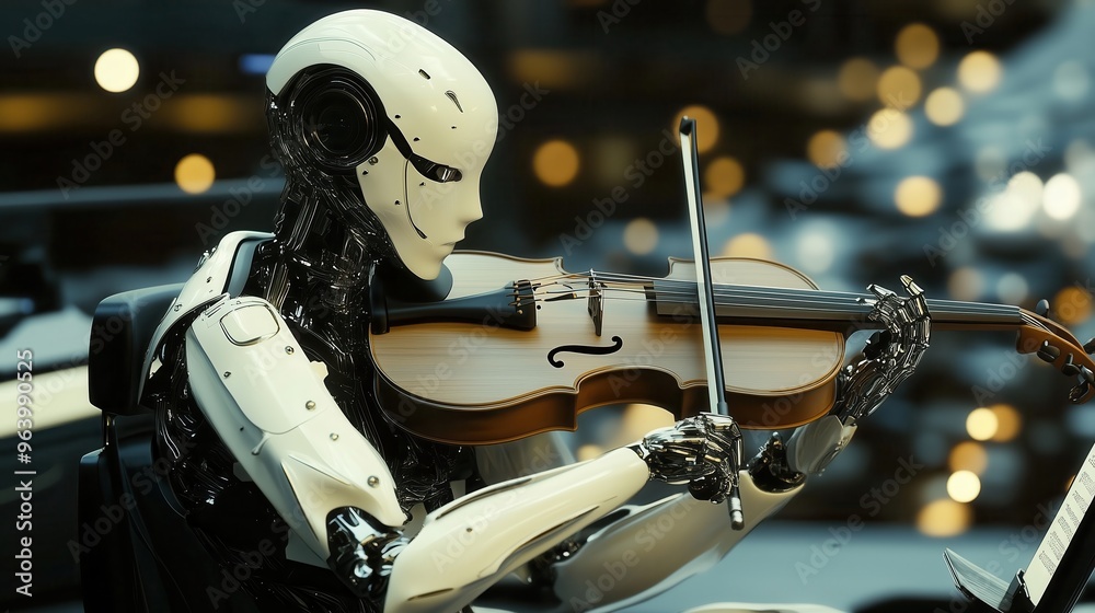 Poster futuristic robot playing violin in modern setting with bokeh background, showcasing advanced technol