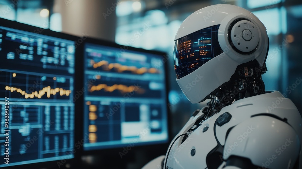 Poster futuristic robot analyzing data on multiple computer screens in a modern office environment