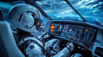 Futuristic Robot Pilot Operating Advanced Spacecraft Cockpit with High-Tech Controls and Digital Displays in Outer Space
