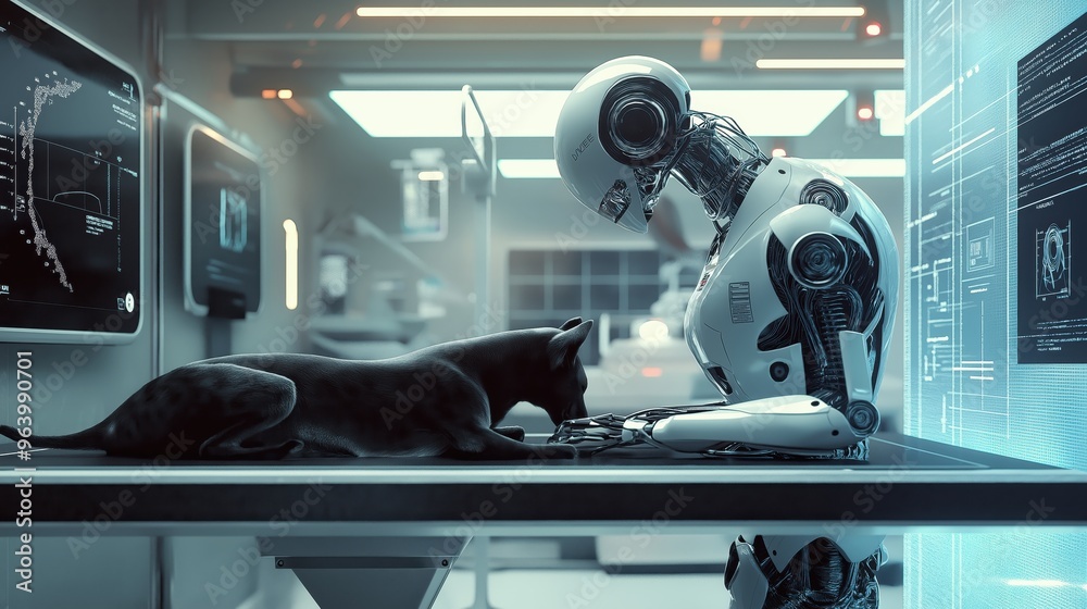 Poster futuristic robot and cat interaction in high-tech laboratory setting with advanced technology and ho