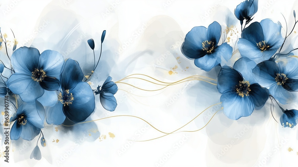 Wall mural Elegant abstract blue flowers with golden line art design on a white background. This luxurious watercolor vector illustration highlights intricate floral patterns with soft shades of blue, perfect fo