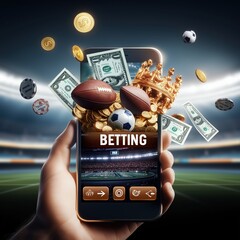 Mobile Sports Betting Concept with Smartphone, Money, and Sports Equipment in Stadium Background