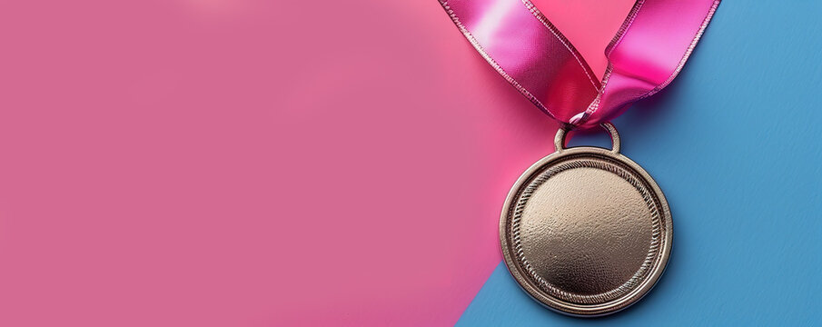 Silver medal with pink ribbon on a blue and pink background. A symbol of achievement and success.
