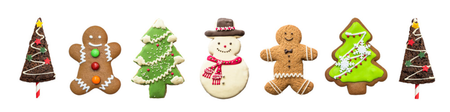 Christmas cookies set, snowman, gingerbread, X'mas tree png isolated on transparent background with clipping path for Xmas party holiday homemade  food design decoration template