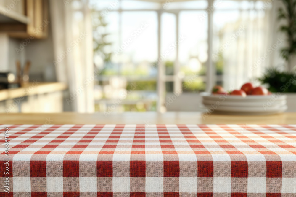 Poster Empty wooden table covered with a red checkered tablecloth is in a kitchen with large windows. High quality photo